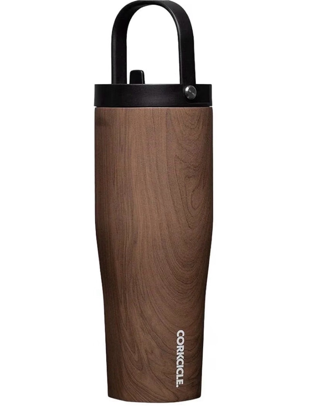 New Corkcicle Woodgrain Brown Travel Tumbler with Black Handle 30 oz